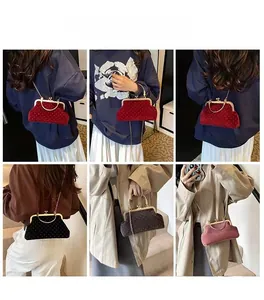 Velvet kiss-lock evening bags with pearl handles and chain straps in multiple colors