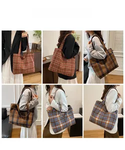 Detailed views of vintage plaid tote bag styled in various angles in a home setting