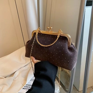 Coffee velvet handbag with rhinestones and gold chain shown in a hand-held lifestyle shot