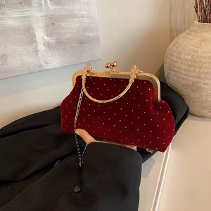Vintage Velvet Evening Clutch Bag Rhinestone Kiss Lock Crossbody Bag With Metal Handle Chain Strap For Women