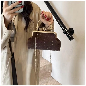 Detail of dark brown velvet handbag with gold polka dots and vintage metal frame