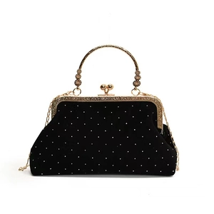 Elegant black velvet evening bag with pearls, gold handle and chain strap for women