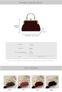 Size chart showing dimensions for a vintage evening handbag with chain strap details
