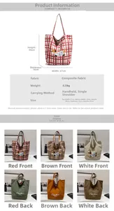 Detailed size chart and multi-color check patterns for large canvas dachshund tote bags