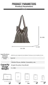 Size guide for striped canvas tote bag showing dimensions and device compatibility