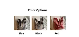 Detailed comparison of canvas tote bags in blue, black, and red with vertical stripes