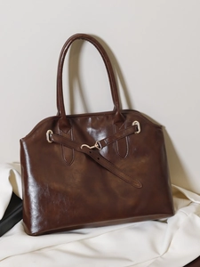 Damen Vintage PU Leder Tote Bag Große Kapazität Pendler Unterarmtasche Metallschnalle Koreanischer Stil Einfarbige Handtasche