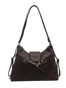 Vintage dark brown leather tote bag with glossy finish and gold metal hardware details