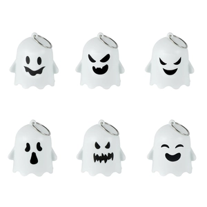 Set of six cute white Halloween mini ghost ornaments with various black facial expressions