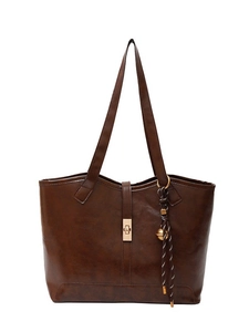 Sac cabas classique en cuir marron foncé avec fermoir doré et pendentif cloche tressé