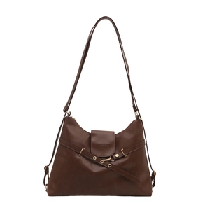 Deep coffee synthetic leather tote bag with crossbody strap and metallic buckle details