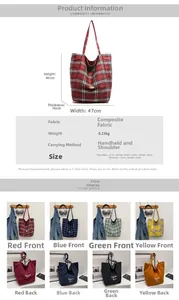 Size guide for large plaid tote bag showing dimensions and fabric specifications