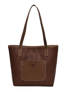 Große dunkelbraune Tote Bag mit Webstruktur, schmalen Trägern und Fronttasche