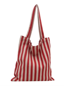 Vertical red and white striped canvas tote bag with dual shoulder straps for daily commute
