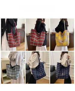 Detailed views of checkered canvas tote bag showing various color patterns and fit