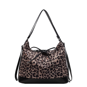 Sac hobo minimaliste à imprimé léopard avec bordure en cuir noir et nœud décoratif