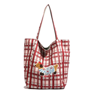 Red plaid canvas tote bag featuring cute dachshund embroidery and large capacity