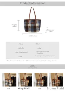 Size guide and color matrix for large wool tote bag with detailed product measurements