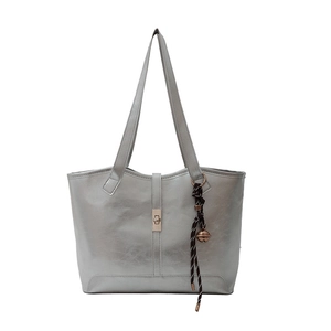 Metallic silver large tote bag with quilted chain strap and stylish hanging pendant