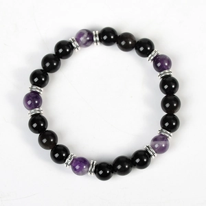 Obsidian planet bead bracelet with silver spacers and purple gemstones for couples