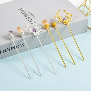 Vintage Chinese Style Alloy Hair Stick Natural Amethyst Citrine Raw Stone Antler Flower Bud Hair Fork Accessories Women