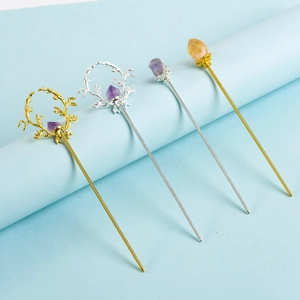 Elegant vintage style crystal hair sticks with deer antler design in gold and silver finish