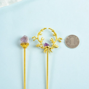 Elegant gold hairpins with purple natural raw crystals and unique deer antler design