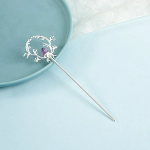 Elegant silver hair pin featuring crystal raw stone and deer antler ring design
