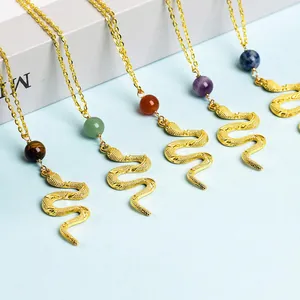 Vintage Snake Pendant Necklace Natural Crystal Gemstone Round Bead Gothic Animal Jewelry Alloy For Women Gold Silver Tone