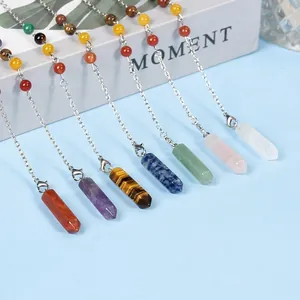 Natural Crystal Hexagonal Pillar Pendulum Necklace 7 Chakra Healing Stones Pointed Pendant For Meditation Divination