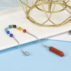 Seven chakra crystal pendulum with colorful beads and hexagonal red agate point