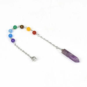 Seven chakra crystal pendulum with hexagonal amethyst point and colorful beads on silver chain