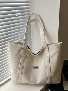 Women Large Capacity Corduroy Tote Bag Commuter Shoulder Handbag Minimalist Retro Style With Front Pocket Zipper