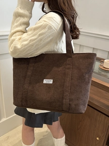 Large brown corduroy tote bag with Fashion Instinct label for casual daily commute