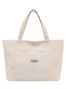 Minimalist beige corduroy tote bag with Fashion Instinct logo for daily commuting