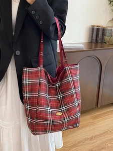 Classic red plaid canvas tote bag with handmade metal plaque and vintage British style