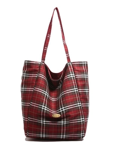 Classic red plaid canvas tote bag with large capacity and vintage british style