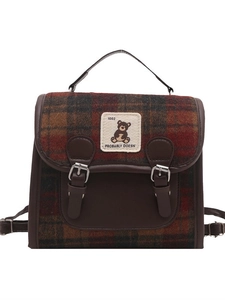 Mini sac à dos rétro en laine écossaise avec finitions en cuir brun et écusson ours