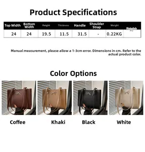 Detailed dimension chart and four color options for the butterfly knot PU leather tote bag