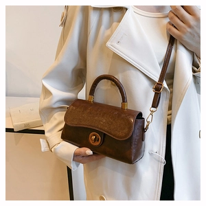 Detail der vintage dunkelbraunen Kunstledertasche mit goldenem Drehverschluss und festem Griff