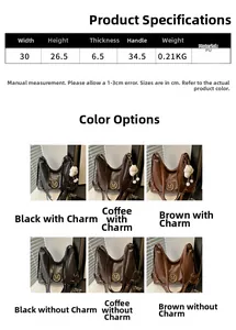 Detailed size chart and multi-color PU leather tote bag options with M-logo plaque
