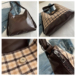 Détails du sac cabas à carreaux marron avec bandoulière réglable et finitions métalliques