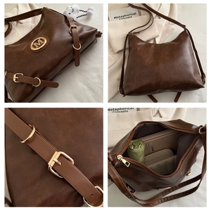 Detailed four-way view showing brown tote bag hardware, interior space, and PU leather