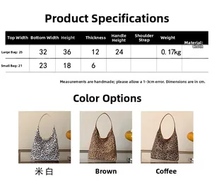 Size chart and dimensions for leopard print canvas tote bags in three colors
