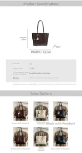Detailed chart showing PU leather tote bag dimensions and multi-color options available