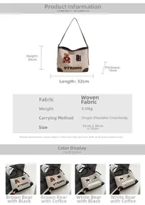 Detailed view of canvas tote bag dimensions and features with cute bear embroidery