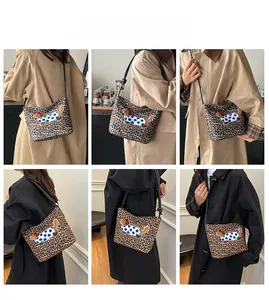 Collage of model styling a leopard print bucket bag with embroidered dachshund
