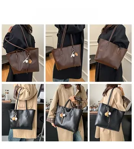 Detailed views of vintage large-capacity tote bag with heart tassel pendant on a model
