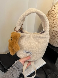 Sac Seau Mignon En Polaire Sherpa Pour Femmes Avec Pendentif Ours Sac À Main En Peluche Hiver Pour Filles