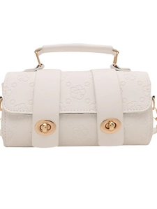 White mini crossbody handbag with floral embossed texture and golden twist lock closures